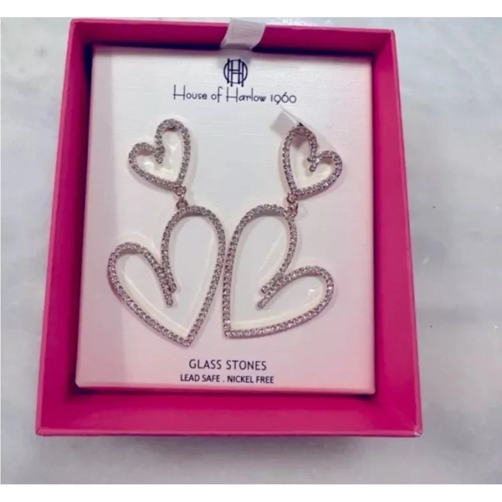 House of Harlow 1960 Gold Glass Stone Heart Earrings new in box